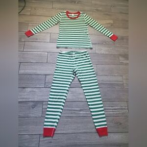 Hanna Andersson 100% organic cotton green white striped Elf Christmas pajama set